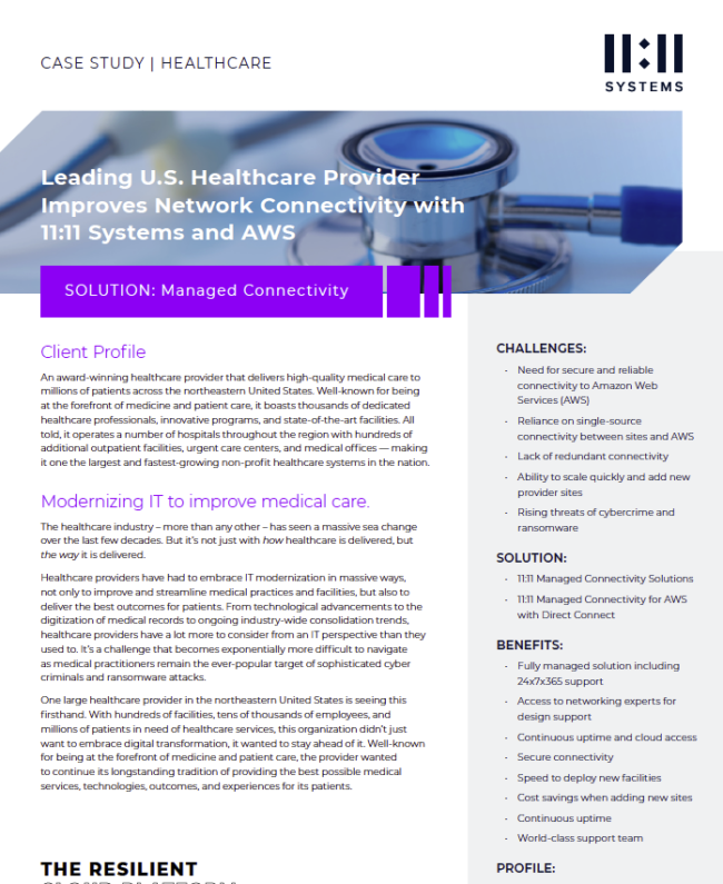 Healthcare Provider Improves Network Connectivity with 11:11 Systems and AWS