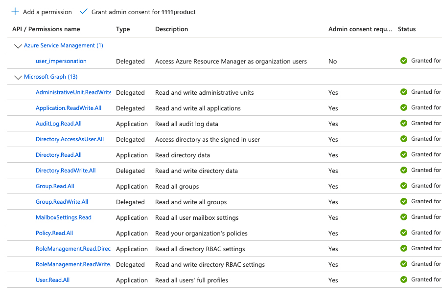 Screenshot showing Azure permissions.