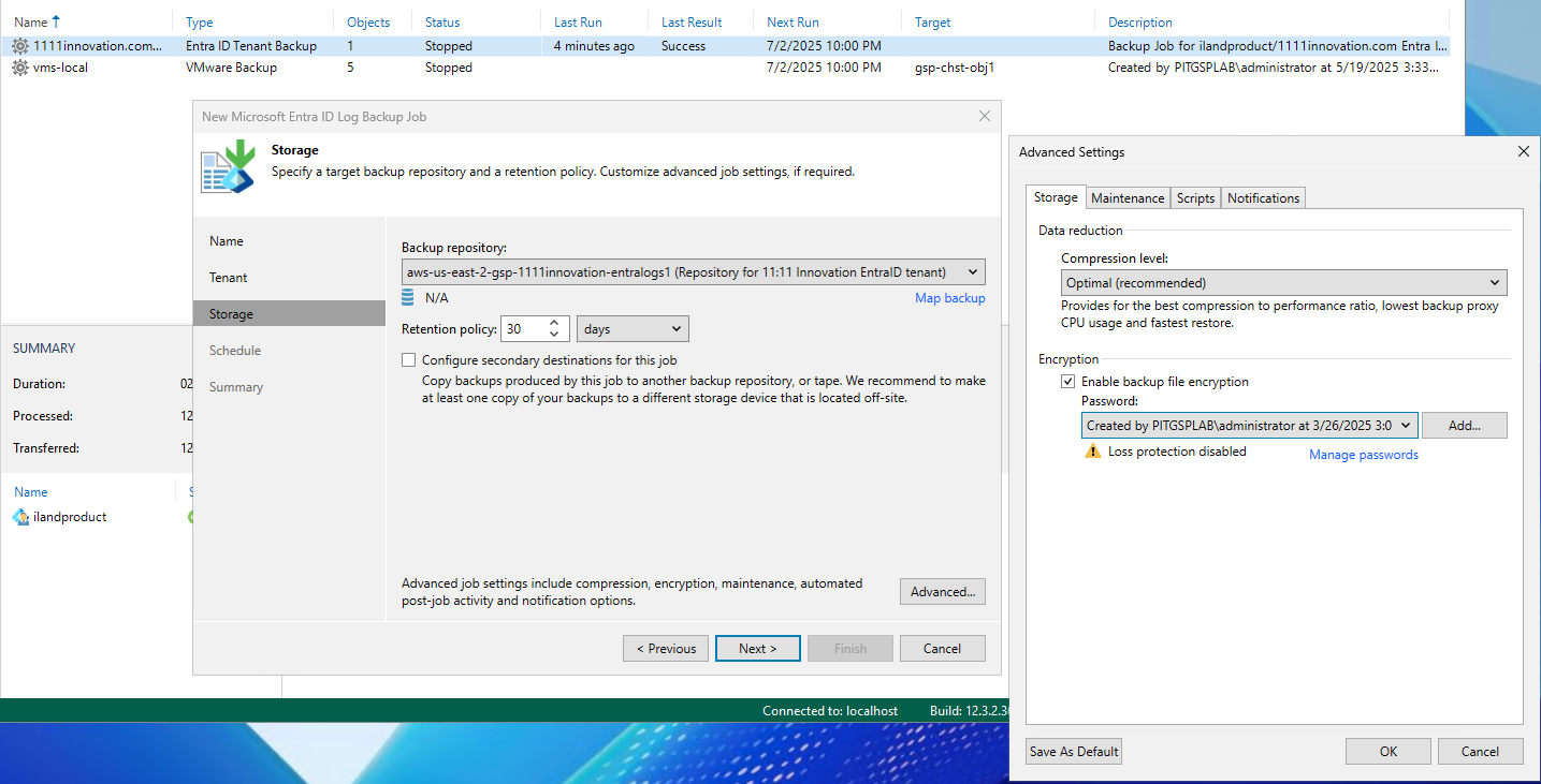 Screen shot showing Storage dialogue box with encryption and retention settings.