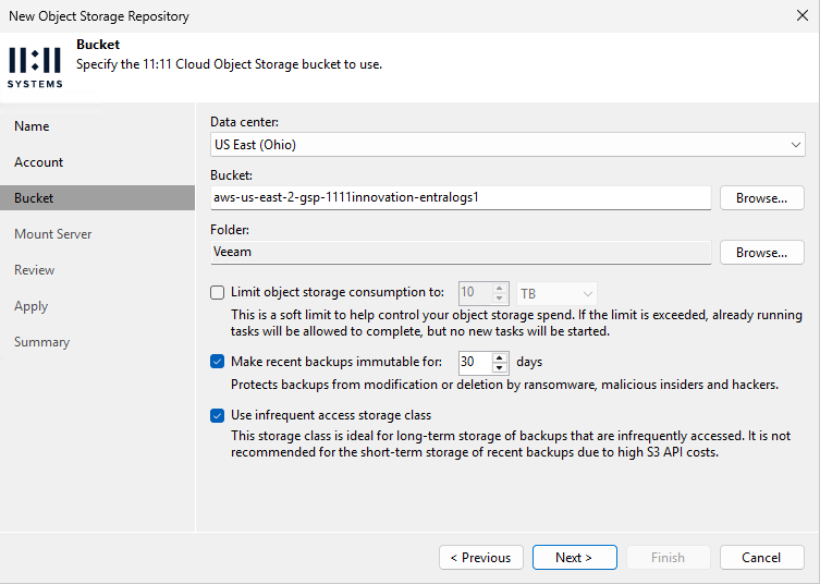 New Object Storage Repository screen shot showing a new object bucket.