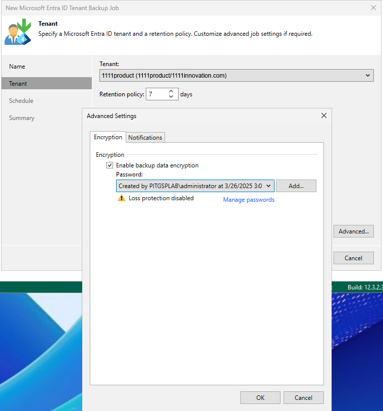 Screenshot showing where to specify Microsoft Entra ID tenant and retention policy.
