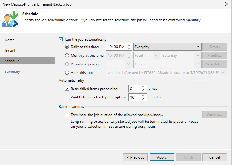 Screenshot showing where to set schedule for backup jobs.