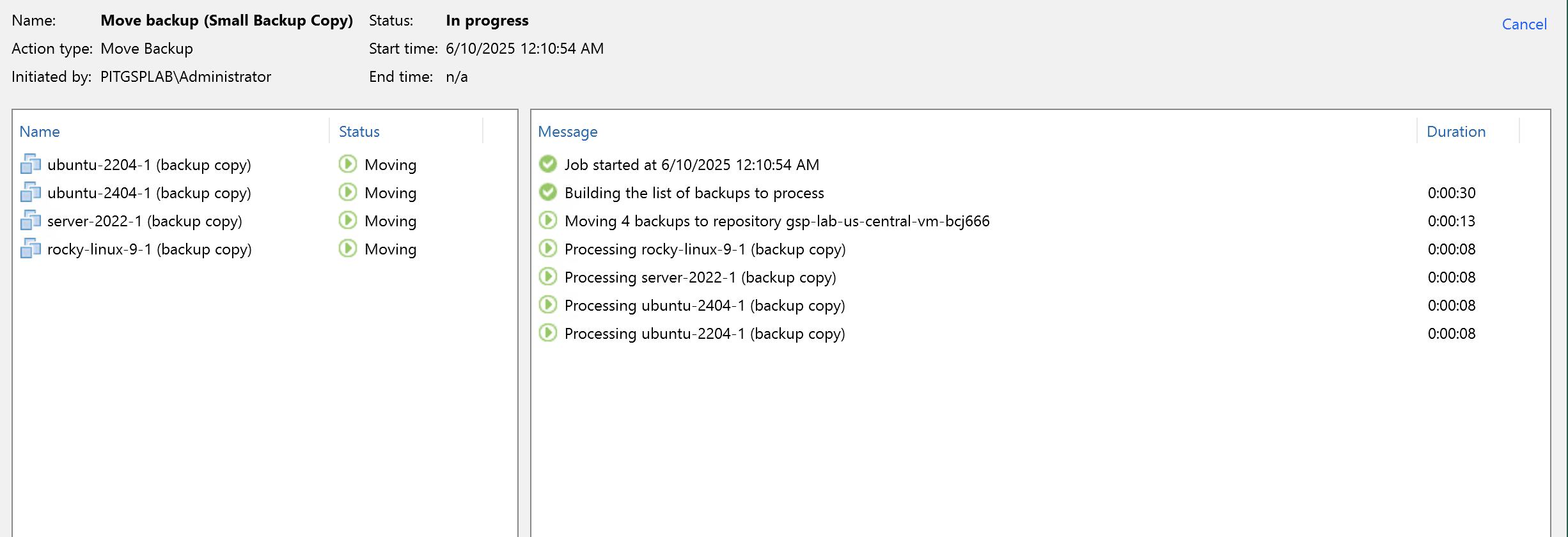 Screen shot of move backup in progress dialog box for VBR repository migration