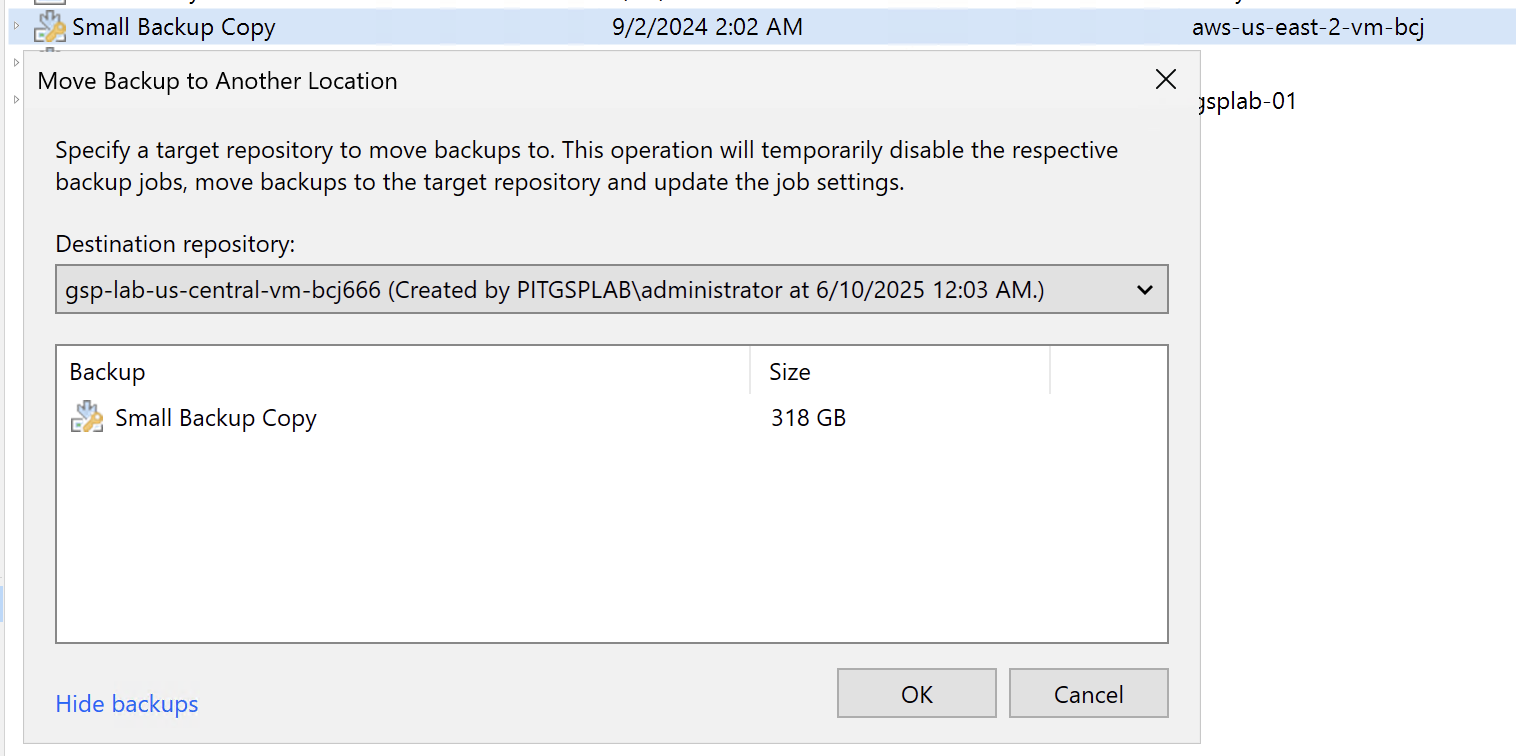 Screen shot of VBR repository migration dialog box