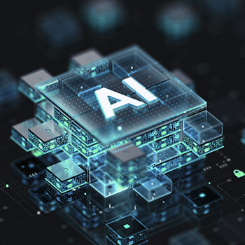 The letters AI embedded in a sea of microchips