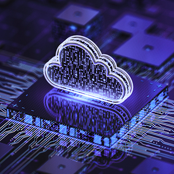 Cloud outline in a field of blue-purple fiber wire and data chips