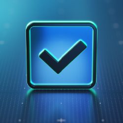 Check mark box over a blue screen